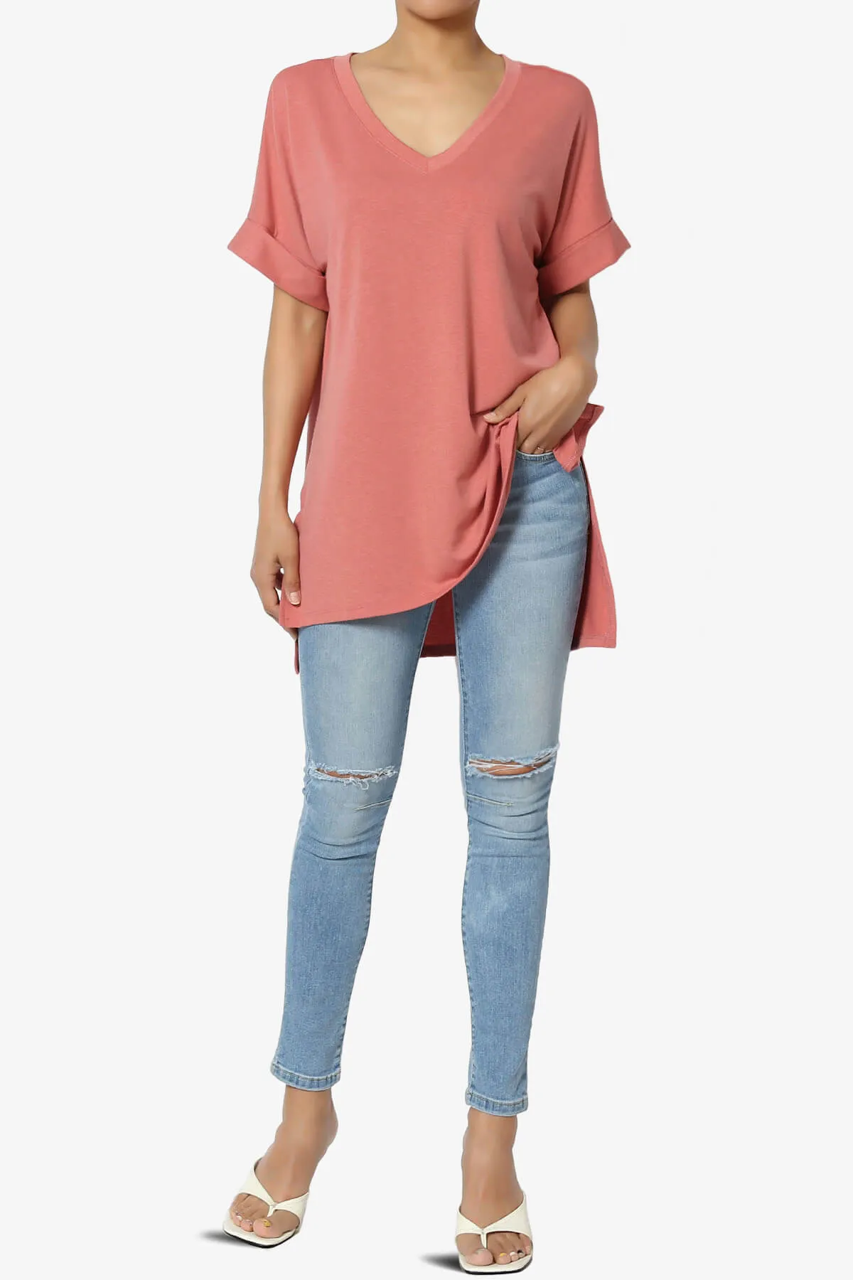 Onella V-Neck Rolled Short Sleeve Top PLUS