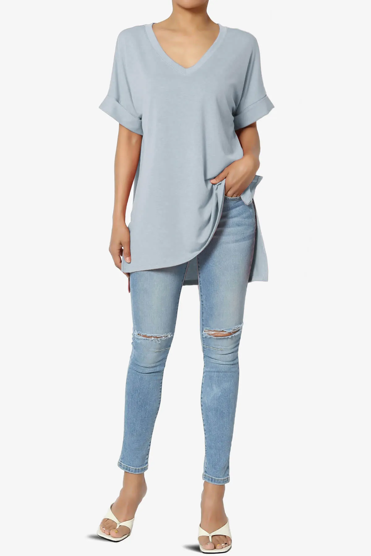 Onella V-Neck Rolled Short Sleeve Top PLUS