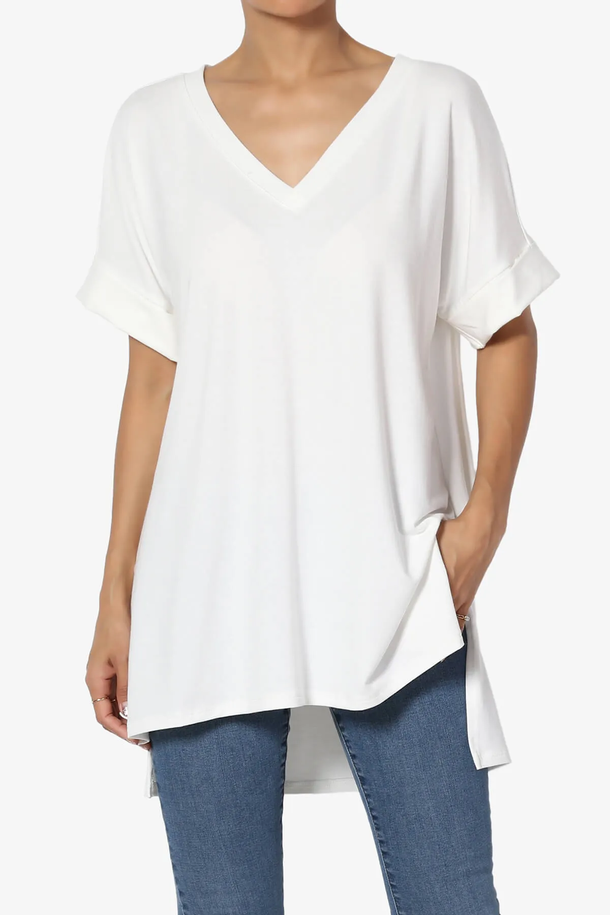 Onella V-Neck Rolled Short Sleeve Top PLUS