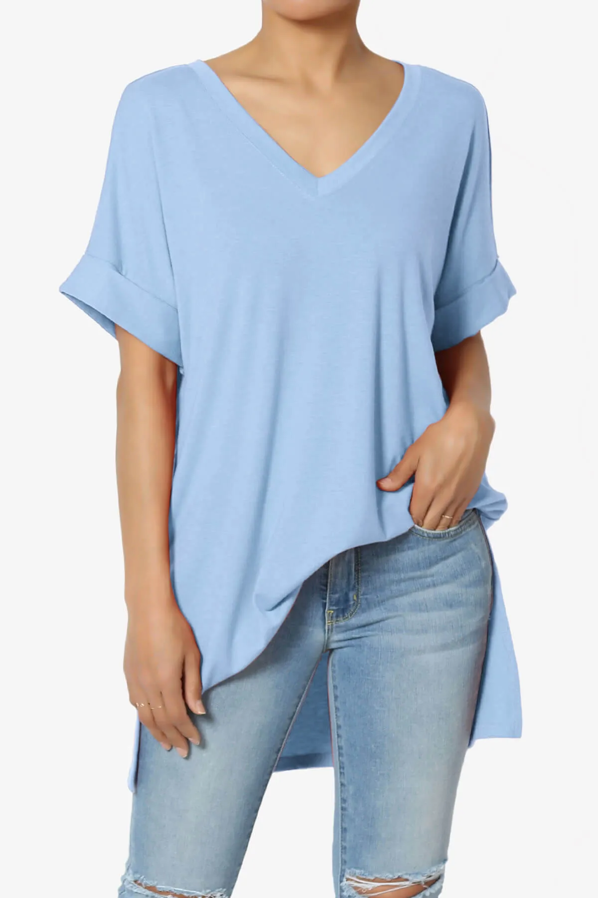 Onella V-Neck Rolled Short Sleeve Top PLUS