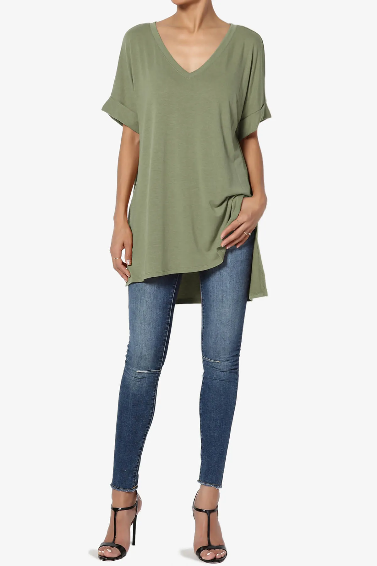 Onella V-Neck Rolled Short Sleeve Top PLUS
