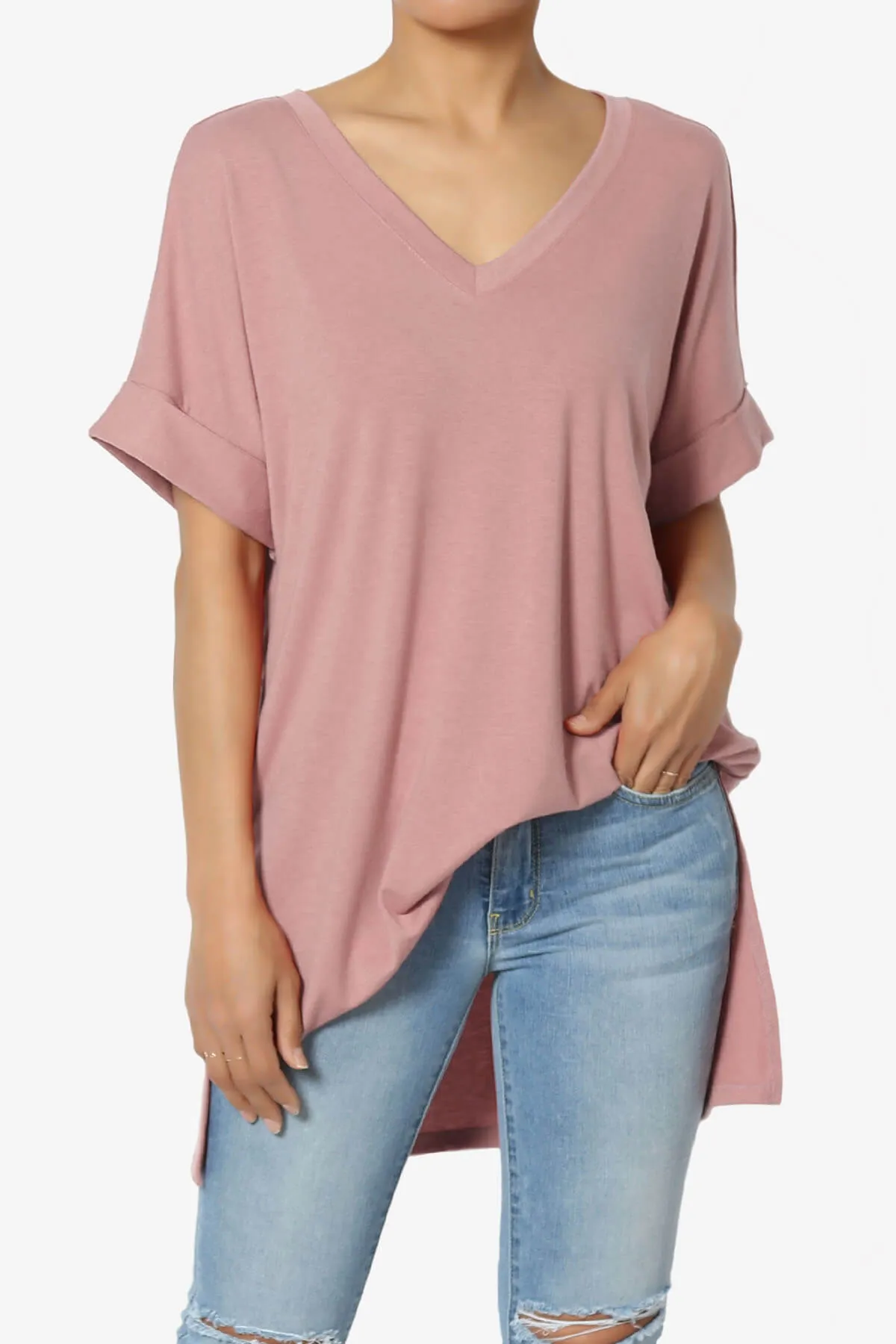 Onella V-Neck Rolled Short Sleeve Top PLUS