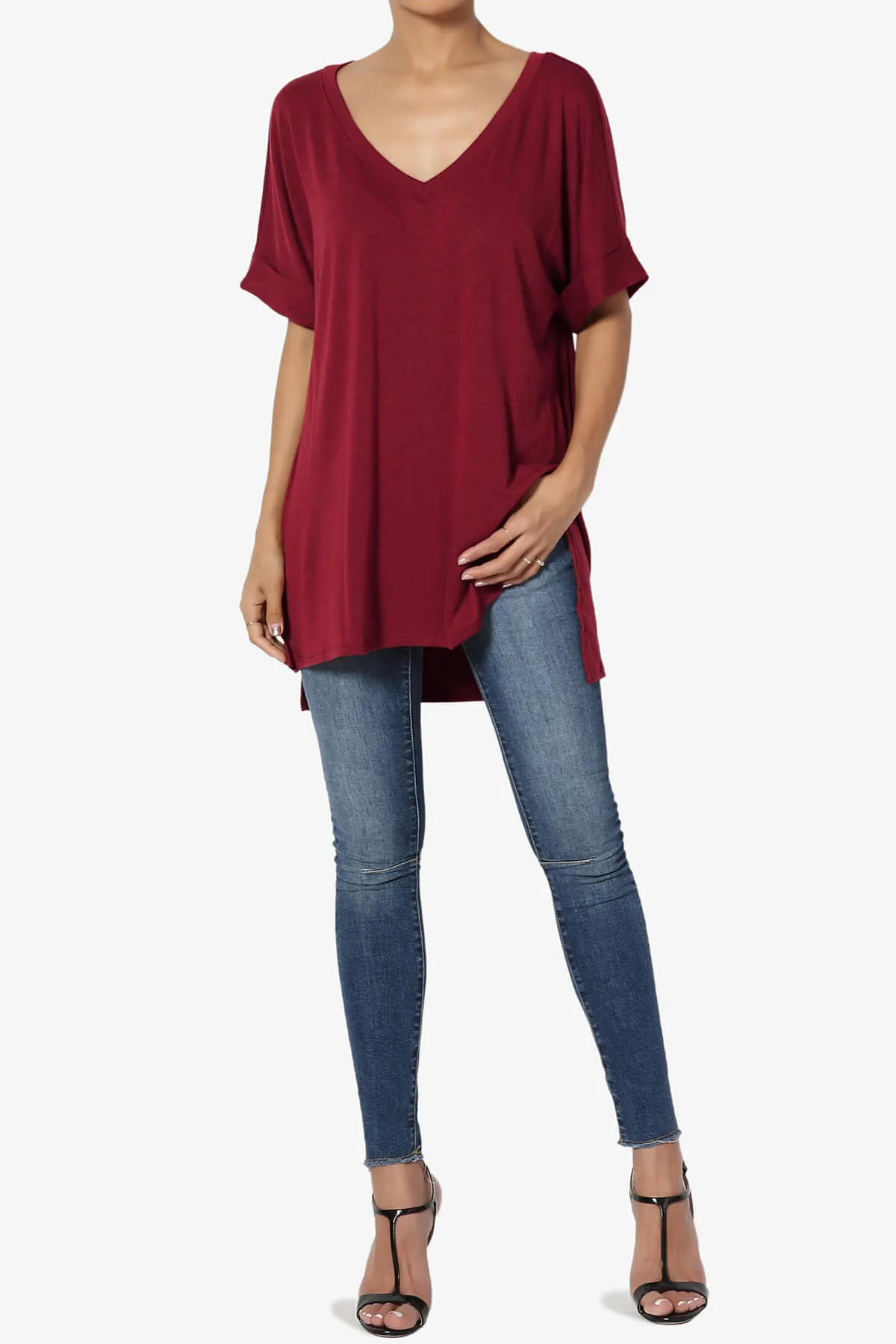Onella V-Neck Rolled Short Sleeve Top PLUS