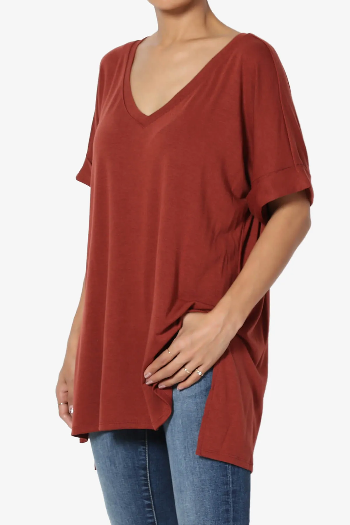 Onella V-Neck Rolled Short Sleeve Top PLUS