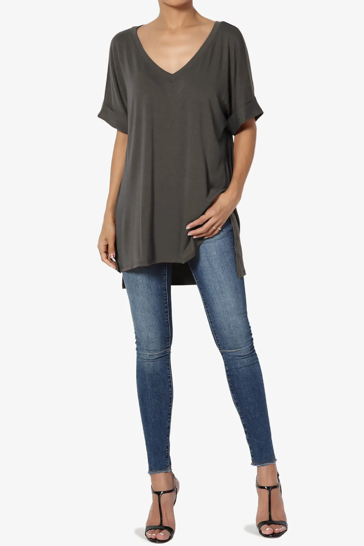 Onella V-Neck Rolled Short Sleeve Top PLUS