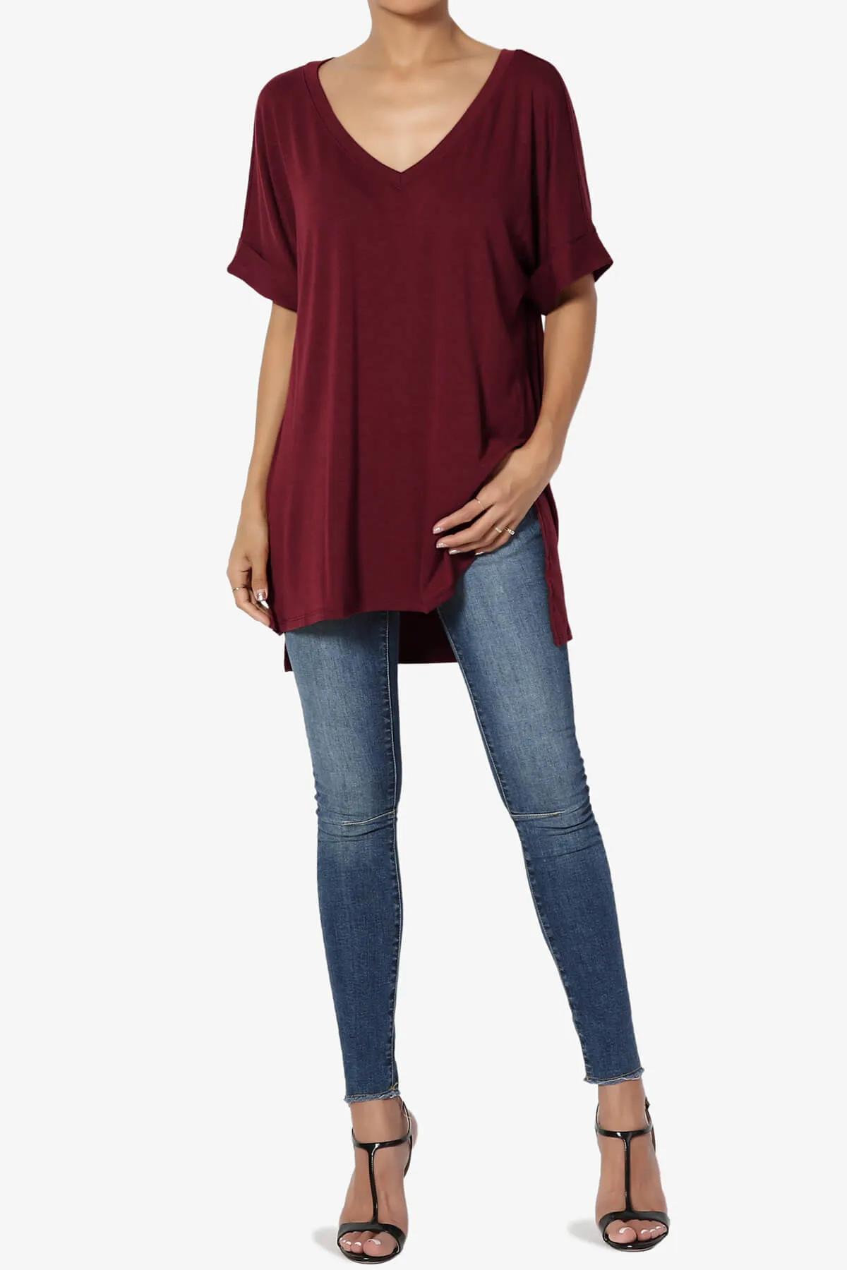 Onella V-Neck Rolled Short Sleeve Top PLUS