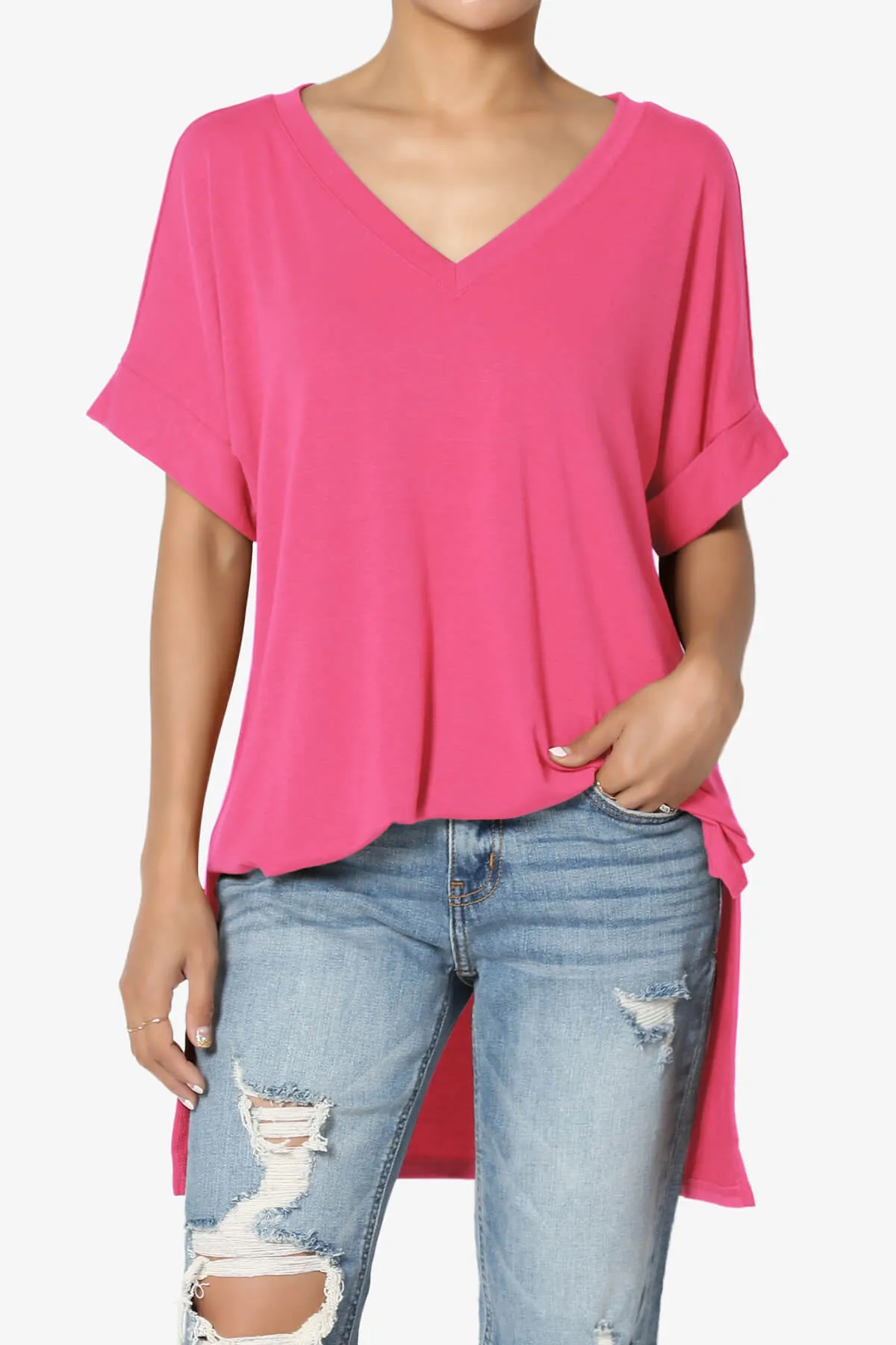Onella V-Neck Rolled Short Sleeve Top PLUS