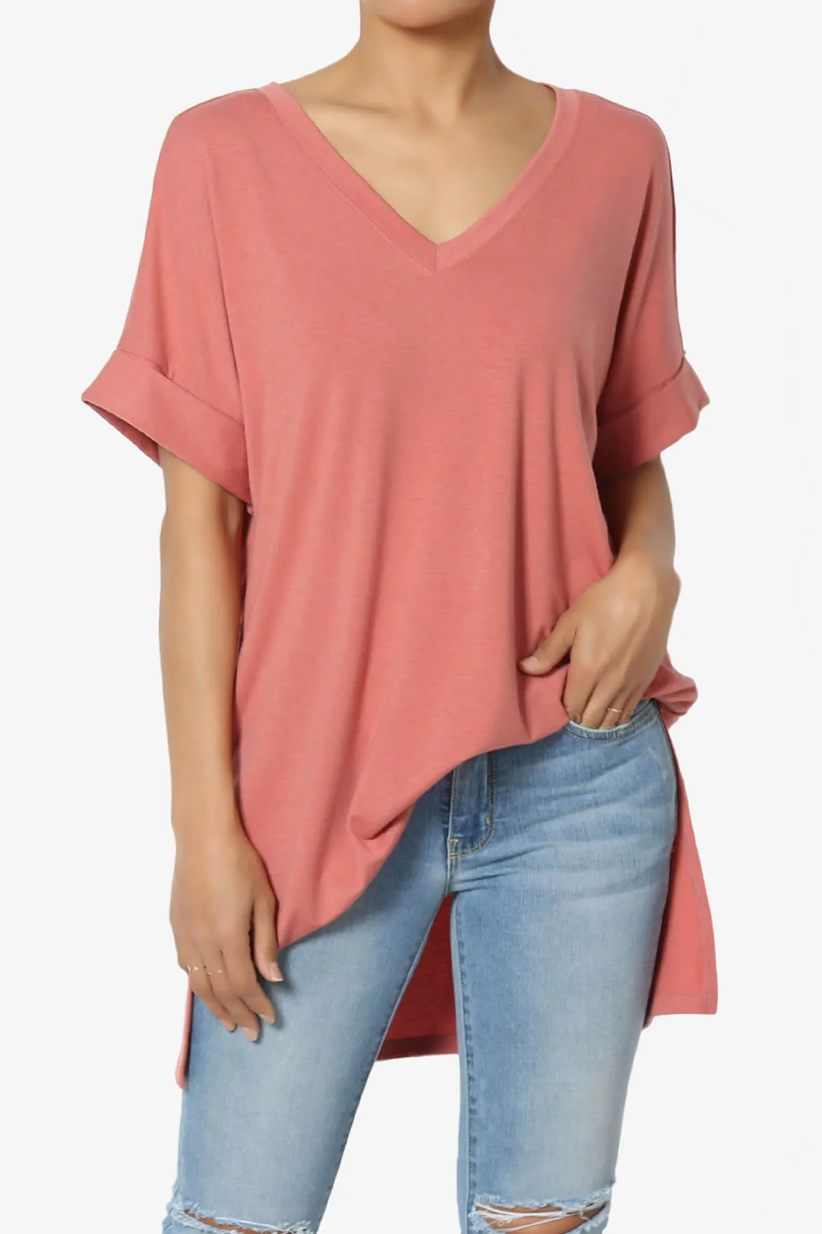 Onella V-Neck Rolled Short Sleeve Top PLUS
