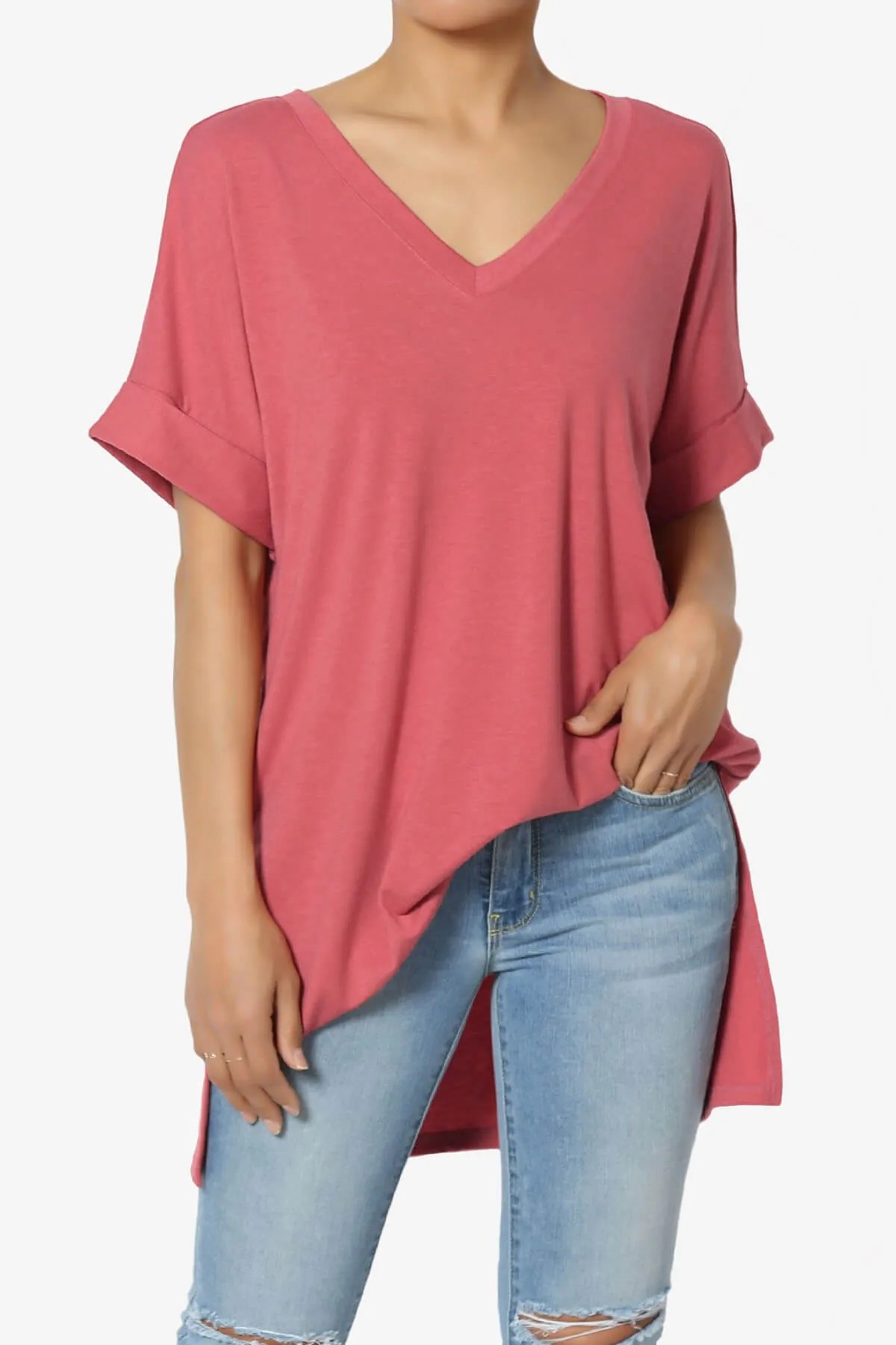 Onella V-Neck Rolled Short Sleeve Top PLUS