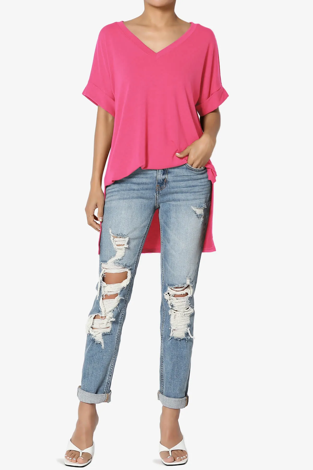 Onella V-Neck Rolled Short Sleeve Top PLUS