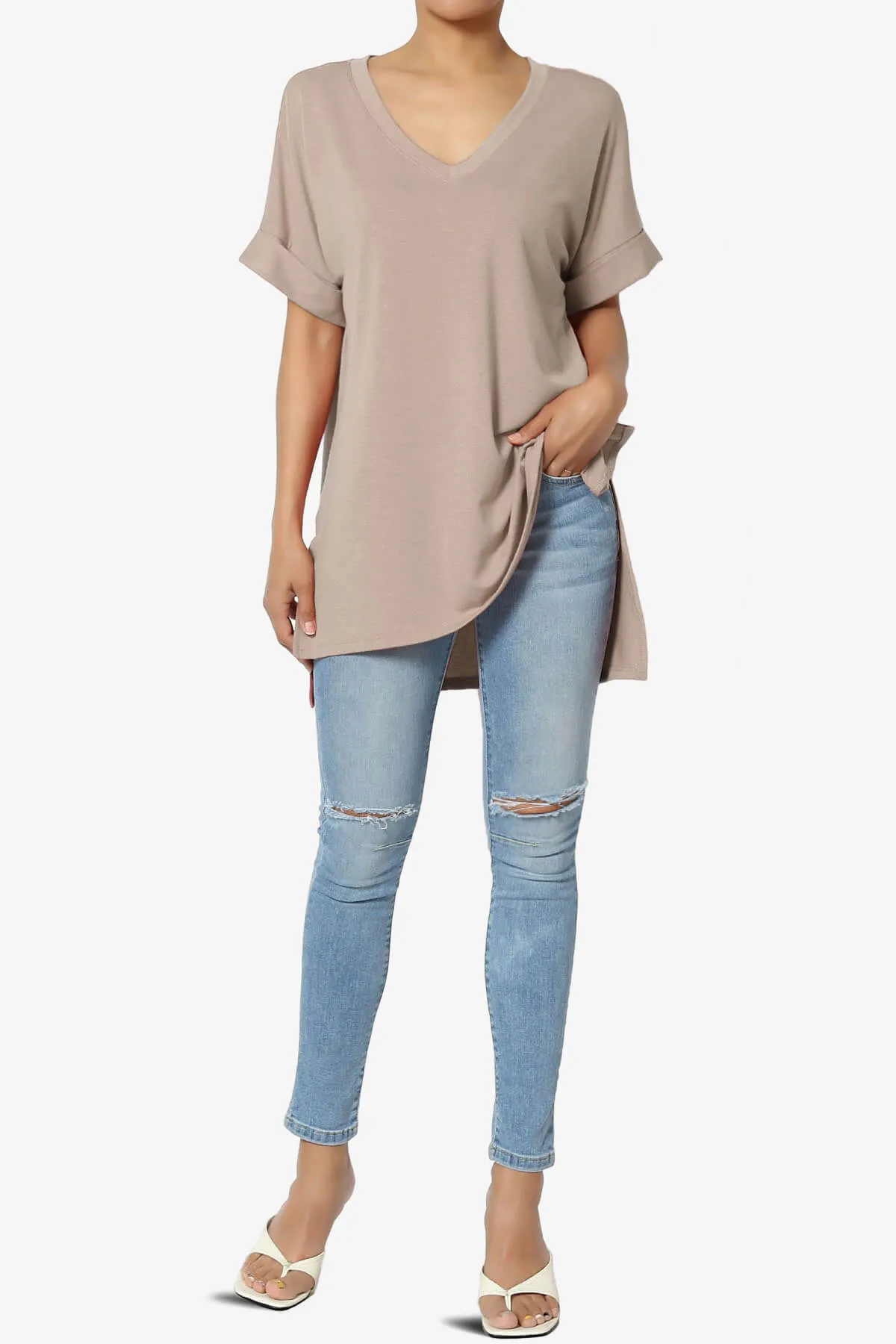 Onella V-Neck Rolled Short Sleeve Top PLUS