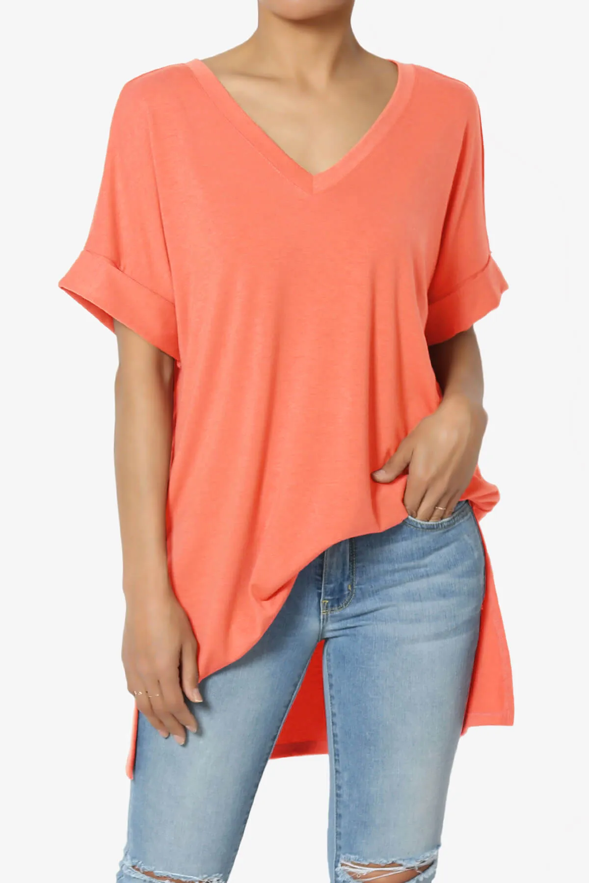 Onella V-Neck Rolled Short Sleeve Top PLUS