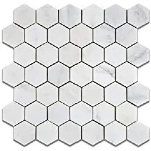 Oriental White - Eastern White Marble 2" Hexagon POLISHED Mosaic Tile - 6" X 6" Sample