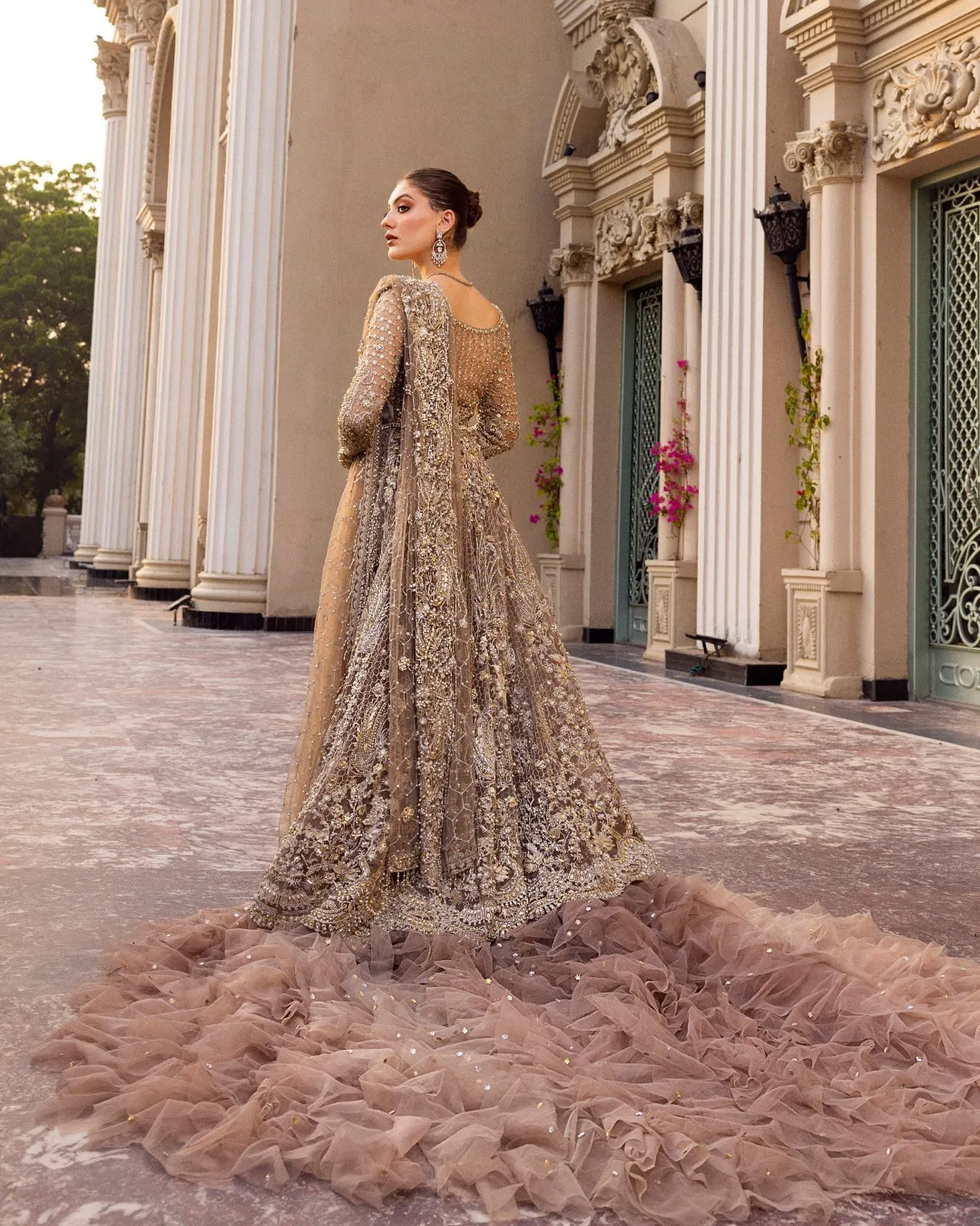 Pakistani Bridal Dress in Long Tail Gown Dupatta Style