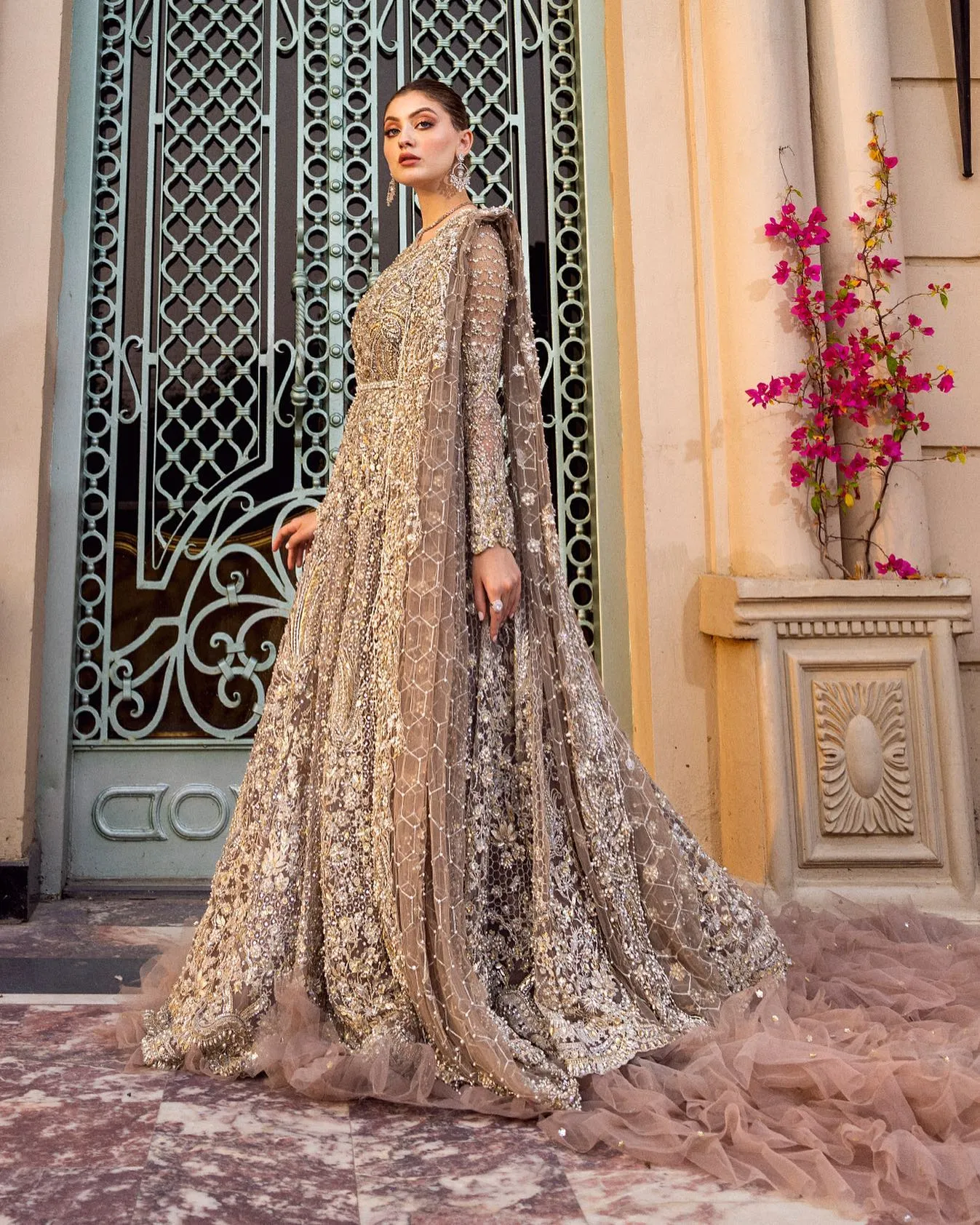 Pakistani Bridal Dress in Long Tail Gown Dupatta Style