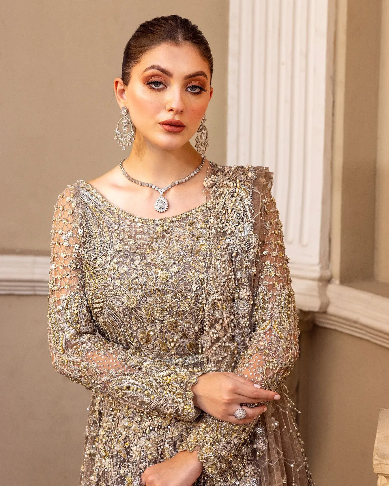 Pakistani Bridal Dress in Long Tail Gown Dupatta Style