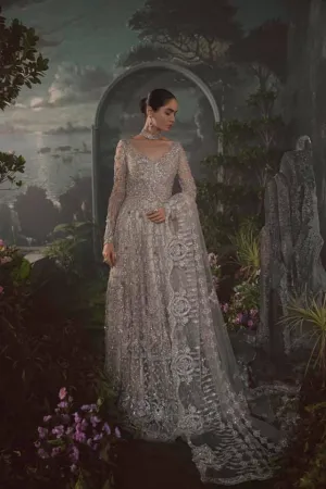 Pakistani Bridal Lehenga Designs in Embellished Heavy Hand Needle Work for Bridal Wear in White Lehenga with Long Gown #BN946