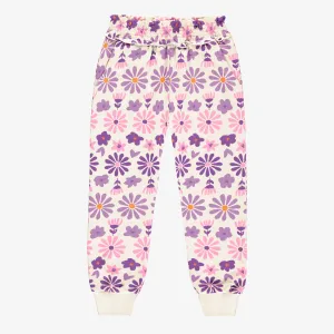 Pantalon crème fleuri mauve en coton français, enfant || Cream pants with purple floral print in French terry, child