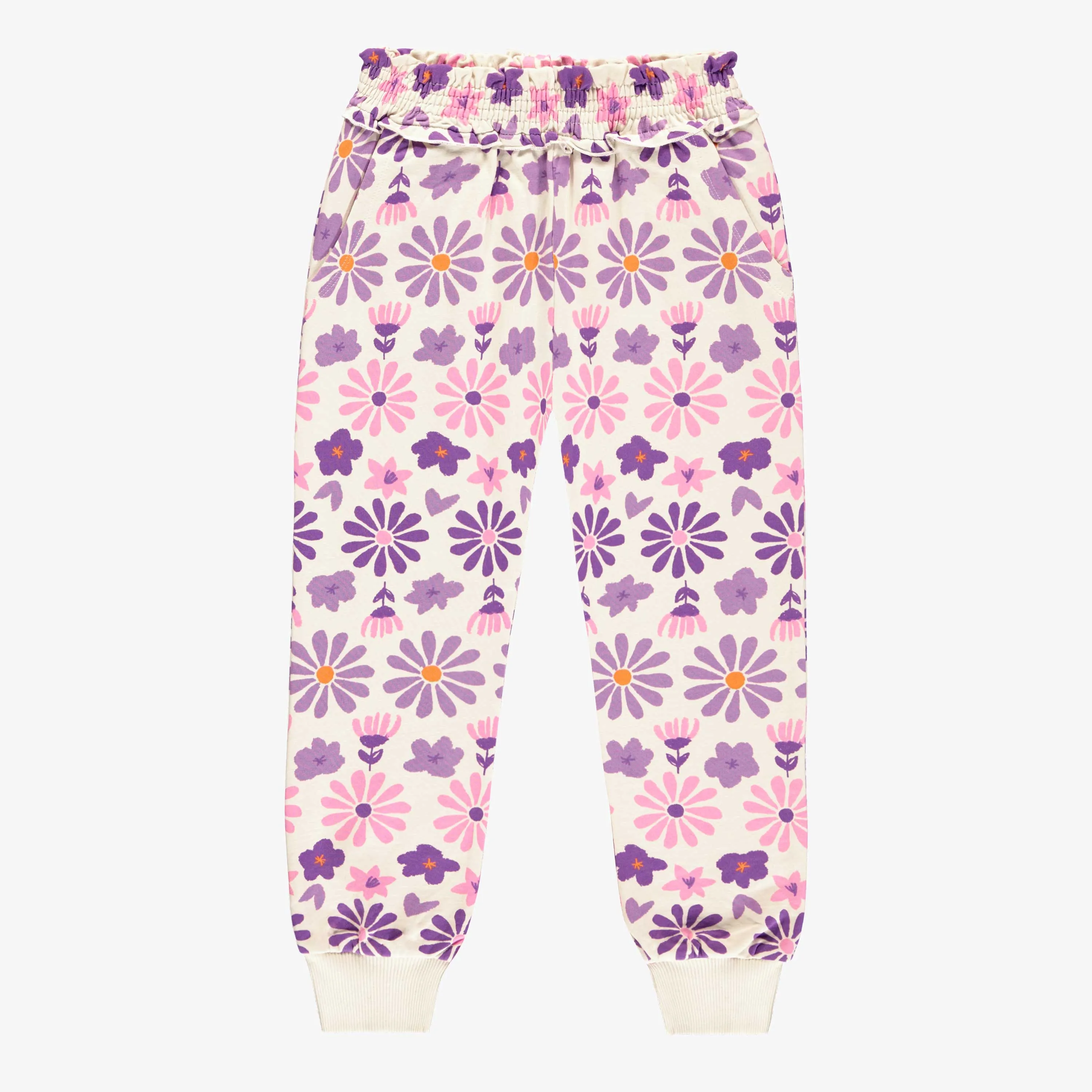 Pantalon crème fleuri mauve en coton français, enfant || Cream pants with purple floral print in French terry, child
