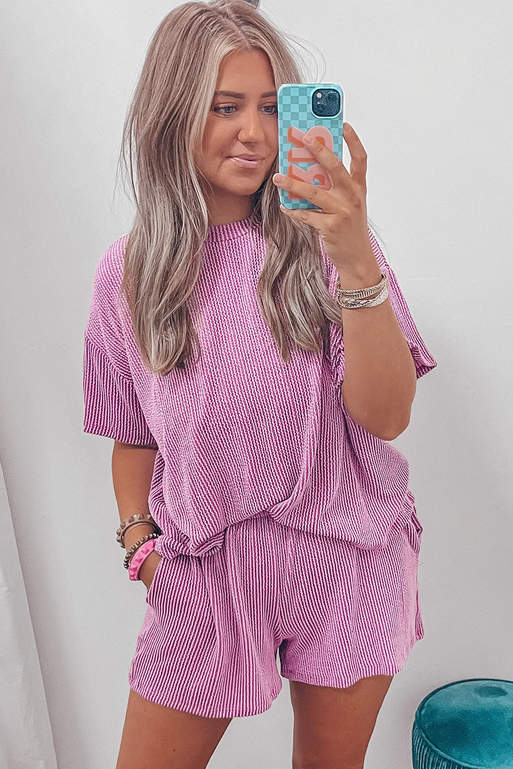 Phalaenopsis Ribbed Textured Knit Loose Fit Tee and Shorts Set