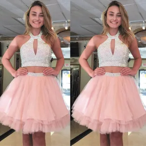 pink homecoming dresses short 2020 beaded halter cheap graduation dresses 2 piece prom dresses