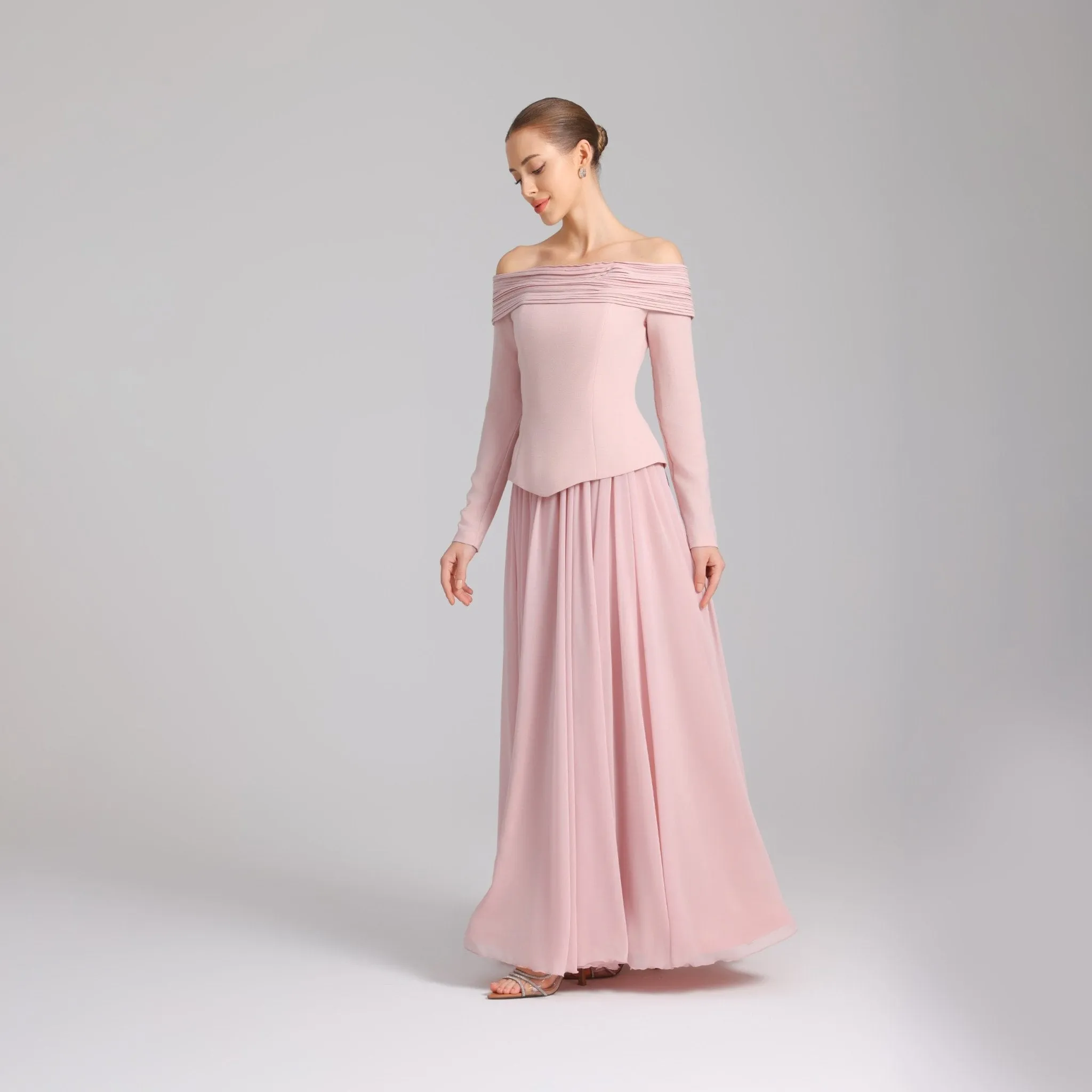 Pink Off-Shoulder Long-Sleeve Evening Gown