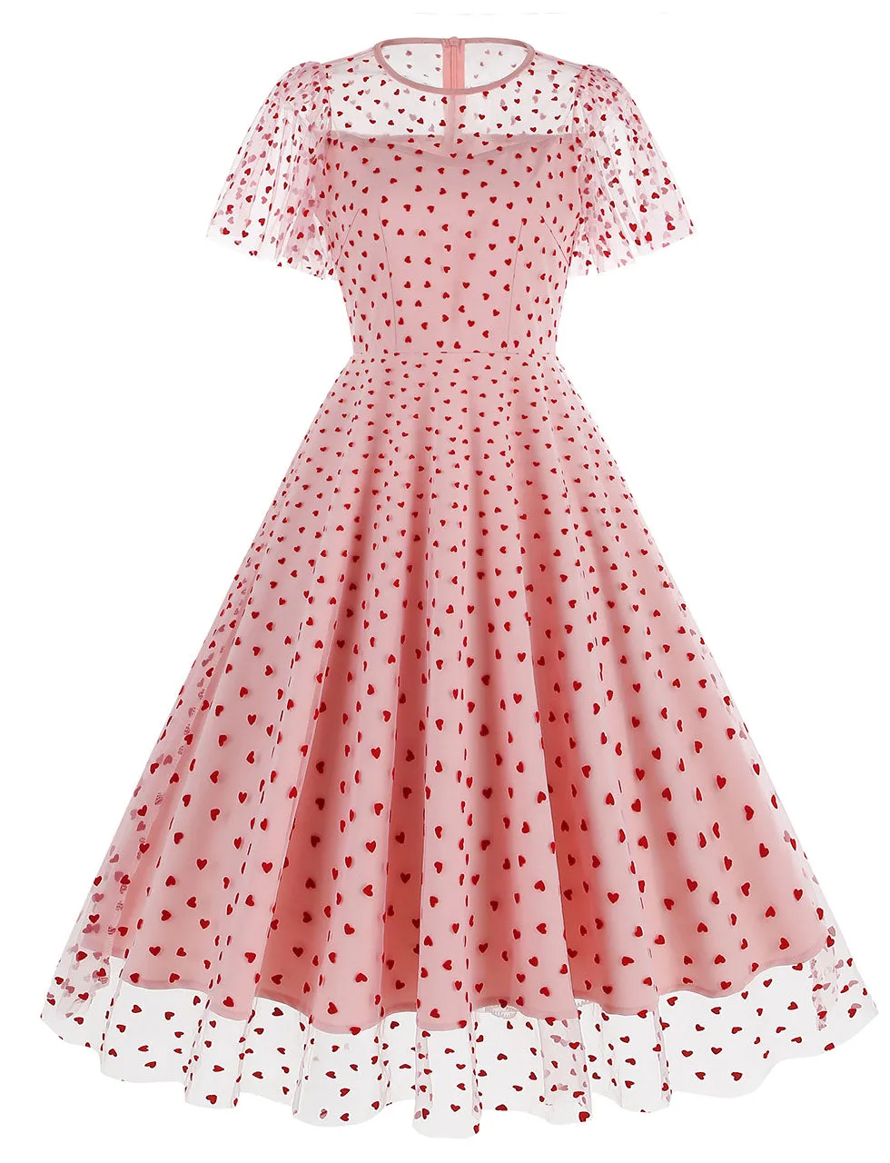 Pink Semi Mesh Sweet Heart Embroidered Short Sleeve 50S Swing Dress