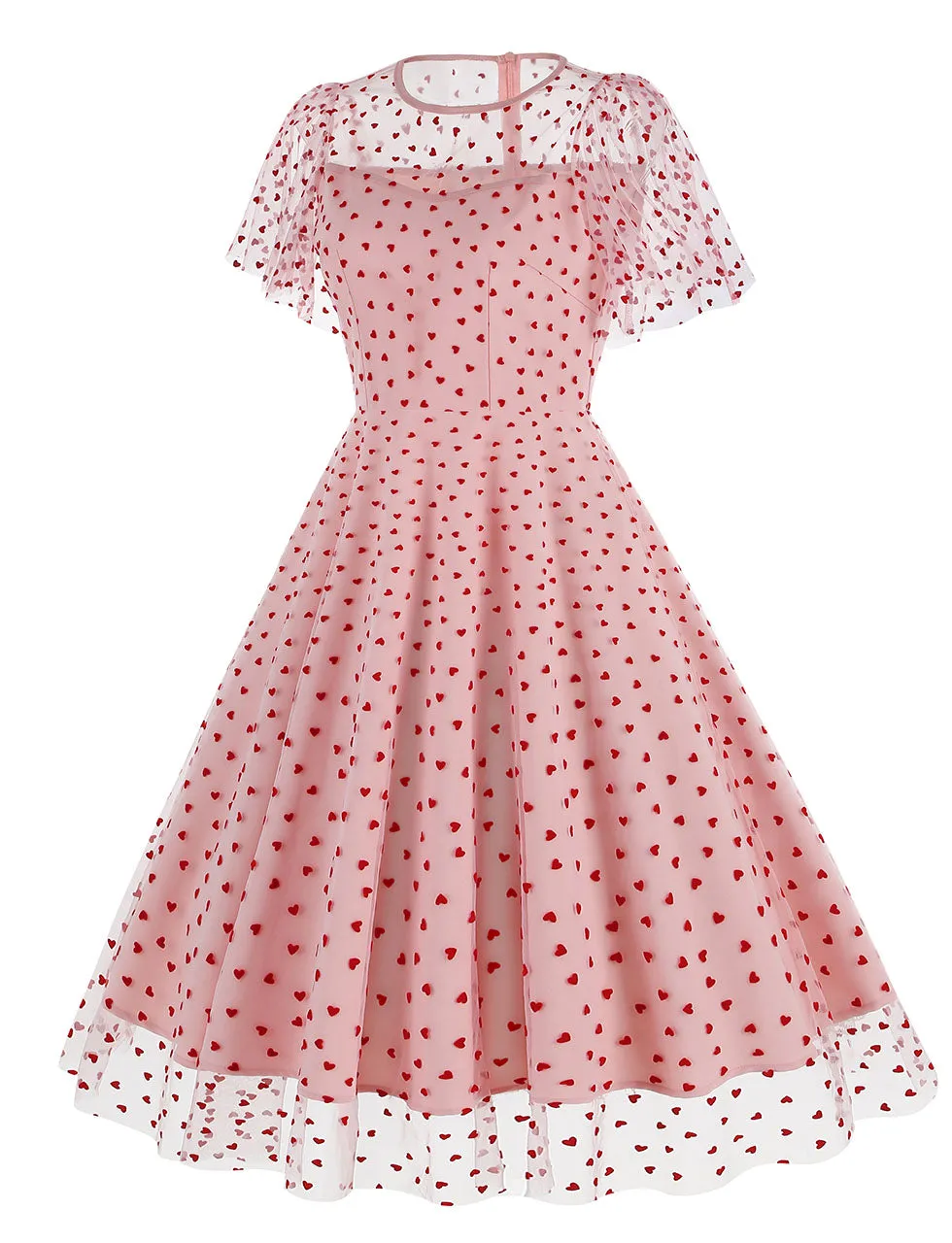 Pink Semi Mesh Sweet Heart Embroidered Short Sleeve 50S Swing Dress