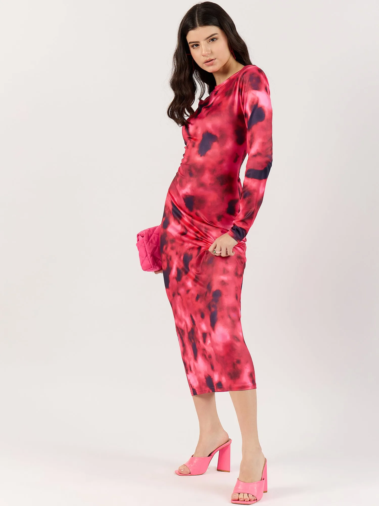Pink Tie-Dye Bodycon Midi Dress