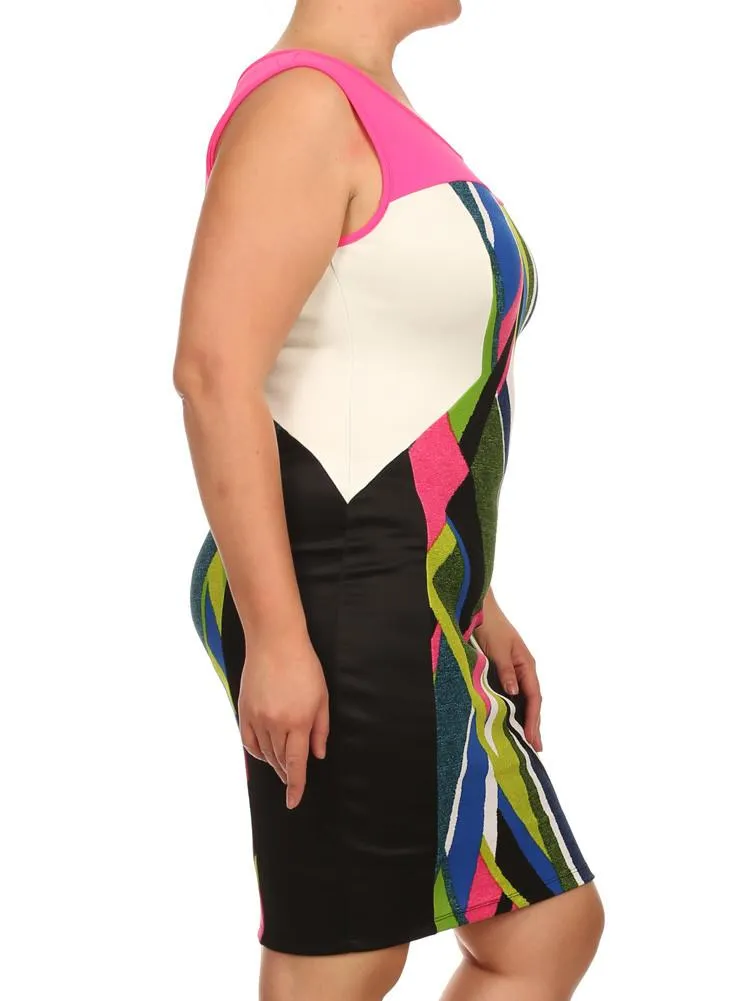 Plus Size Mod Art Strokes Pink Colorblock Dress