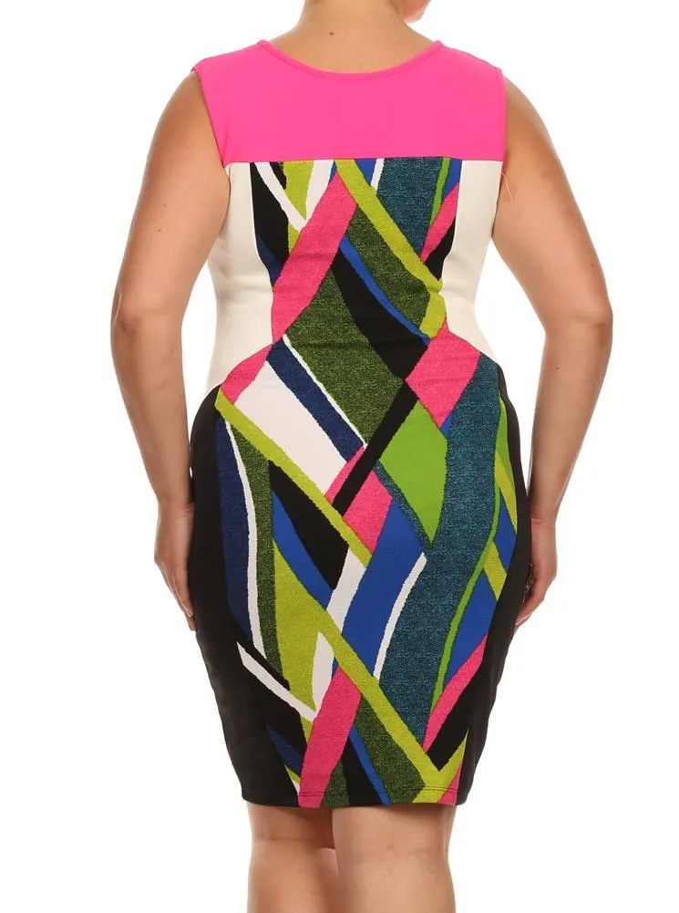 Plus Size Mod Art Strokes Pink Colorblock Dress