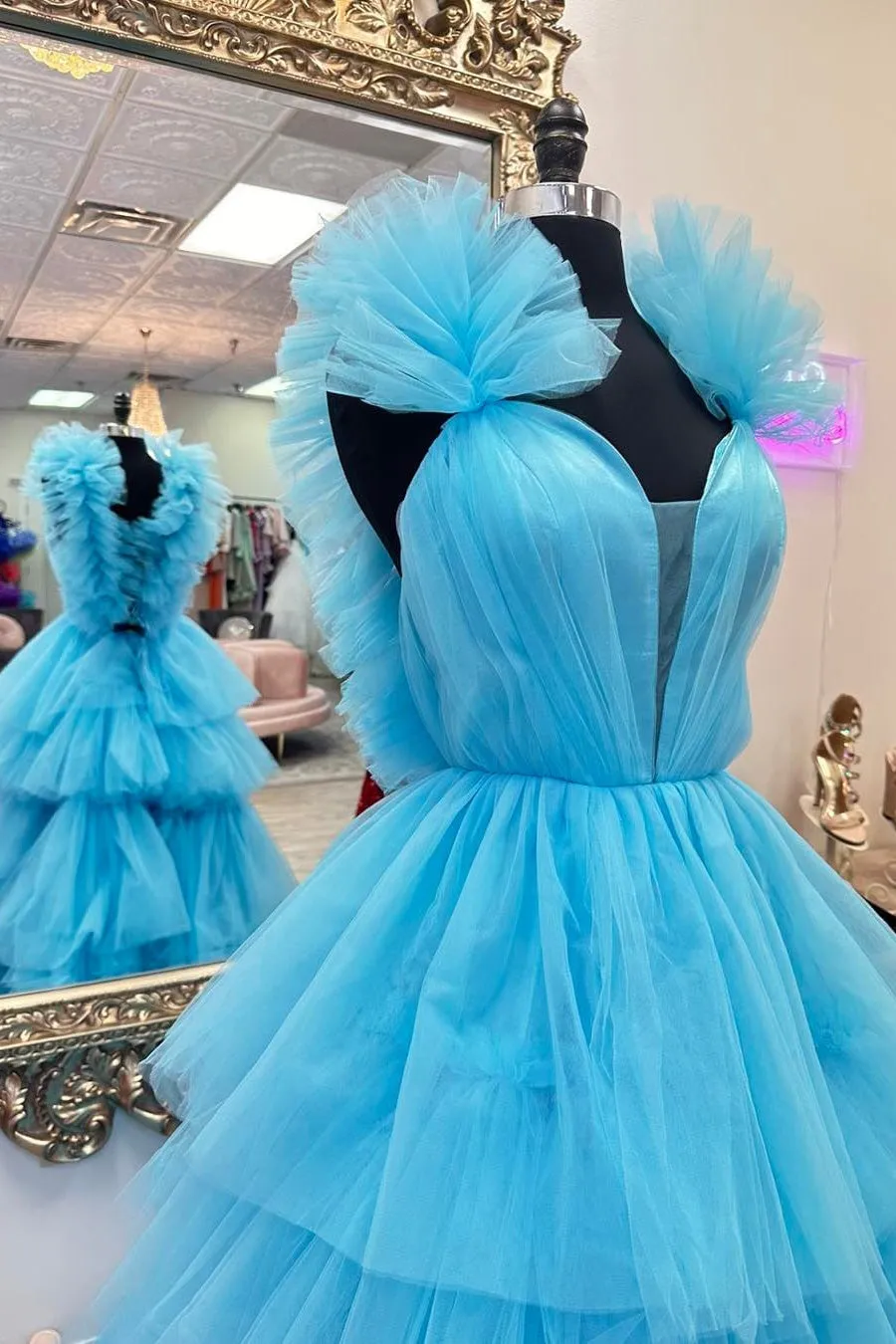 Puffy Blue Tiered Ruffle Tulle Formal Gown