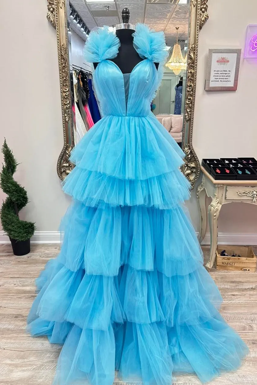 Puffy Blue Tiered Ruffle Tulle Formal Gown