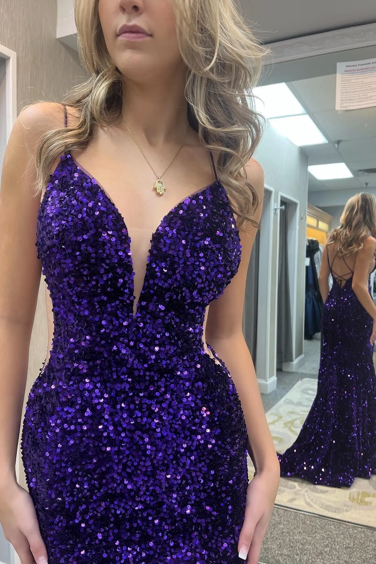 Purple Sequin Straps Mermaid Long Formal Dress