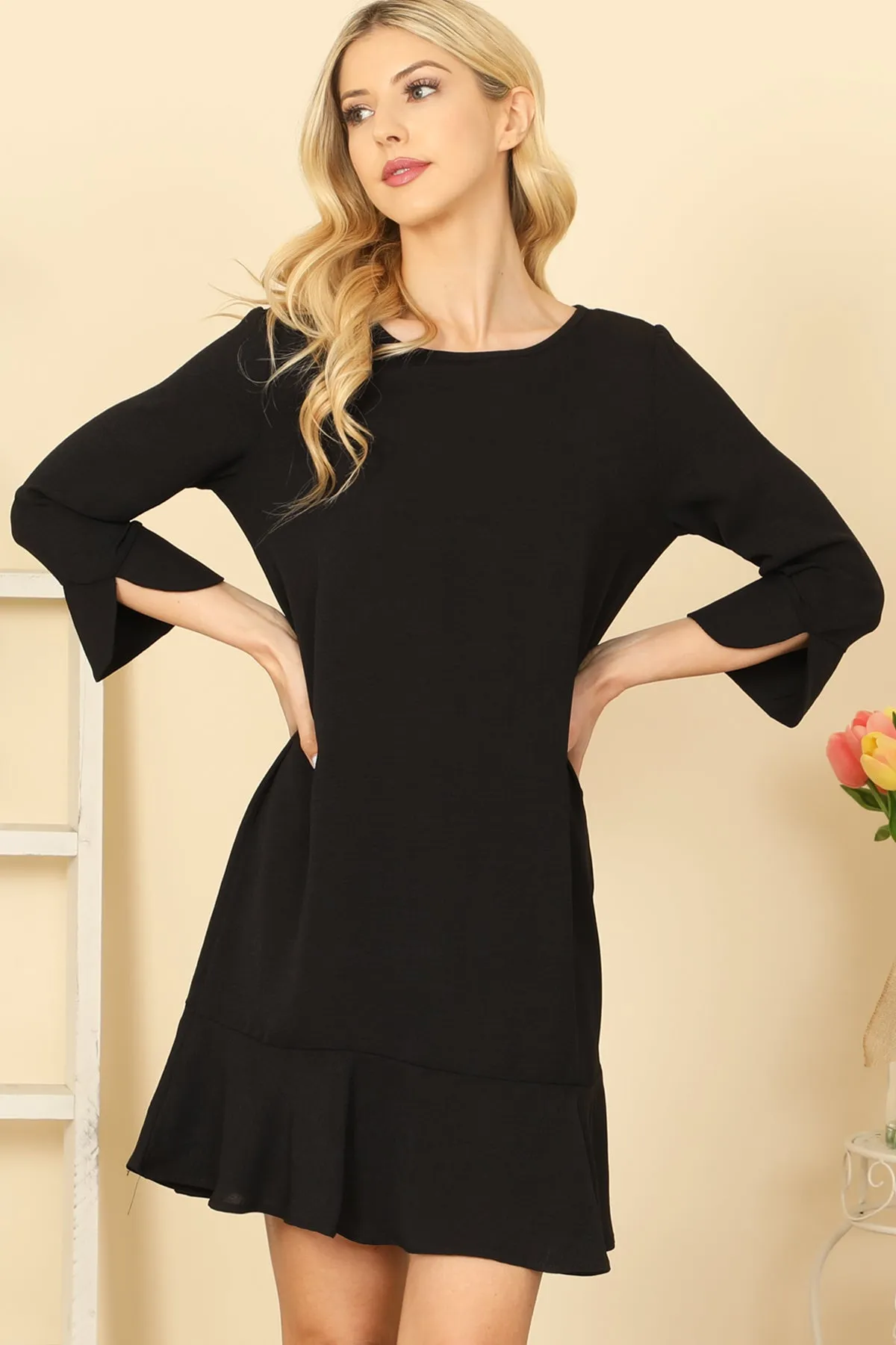 Quarter Sleeve Ruffle Hem Solid Dress