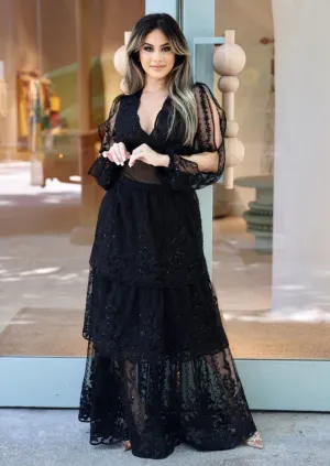 "ODILE" BLACK 2-PIECE LONG SLEEVE LACE BODY SUIT & SKIRT