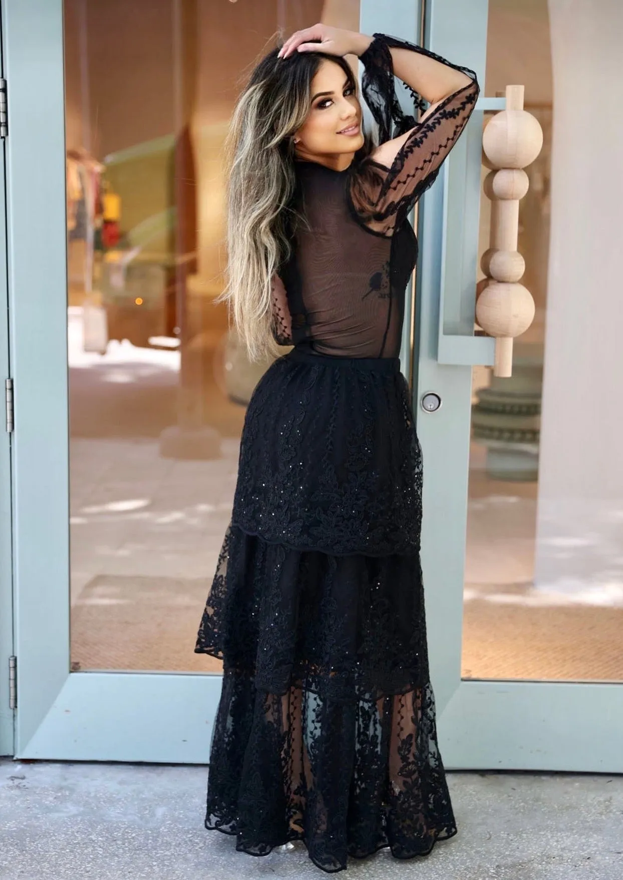 "ODILE" BLACK 2-PIECE LONG SLEEVE LACE BODY SUIT & SKIRT