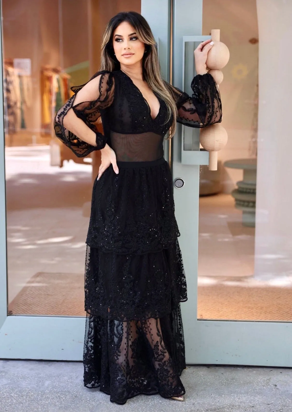 "ODILE" BLACK 2-PIECE LONG SLEEVE LACE BODY SUIT & SKIRT
