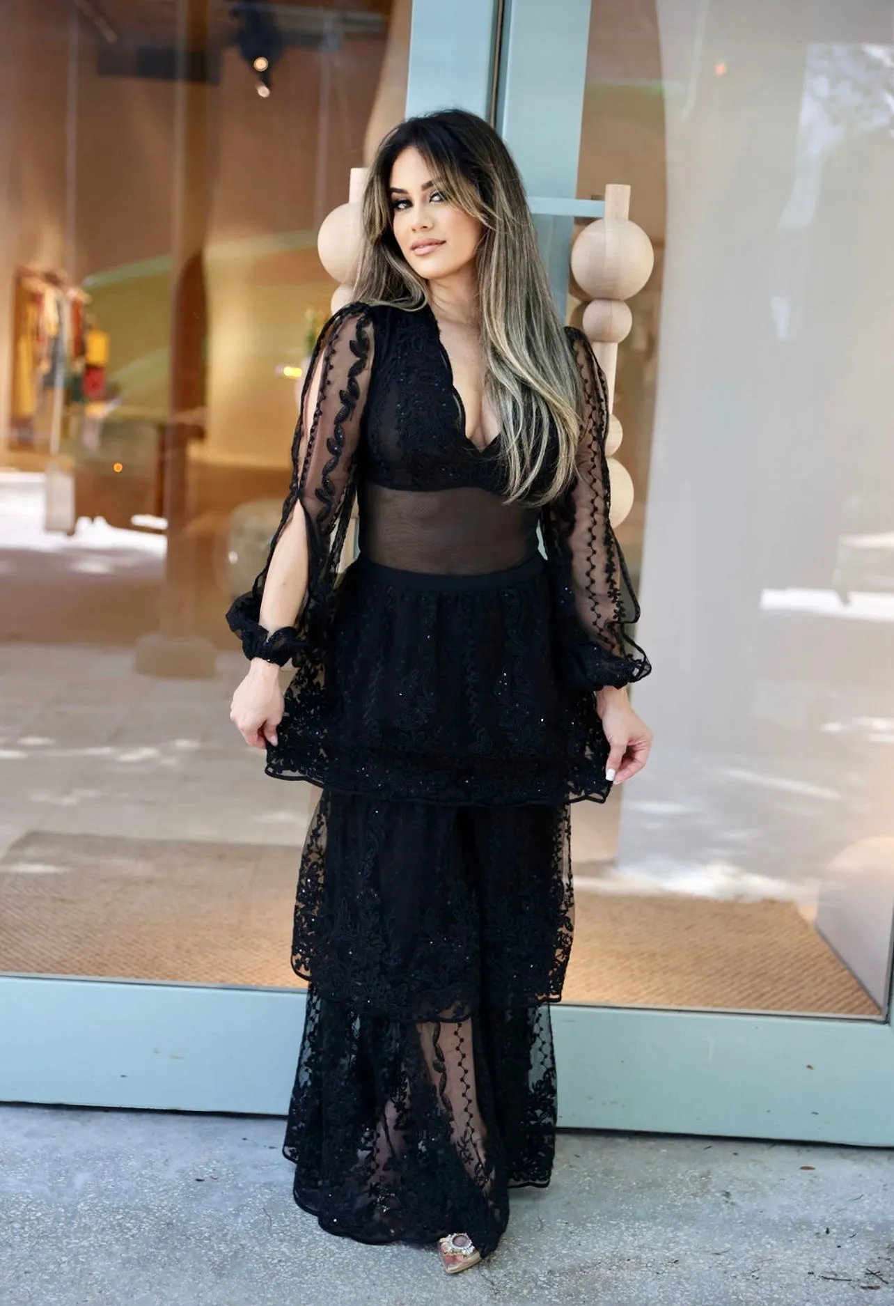 "ODILE" BLACK 2-PIECE LONG SLEEVE LACE BODY SUIT & SKIRT