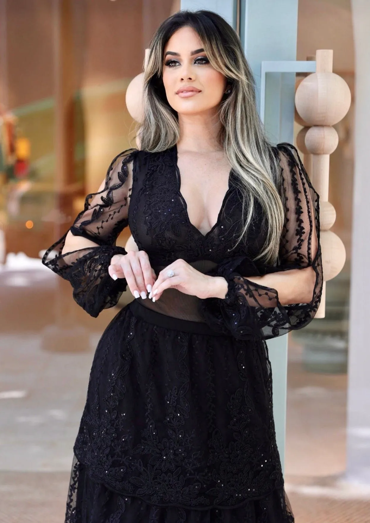 "ODILE" BLACK 2-PIECE LONG SLEEVE LACE BODY SUIT & SKIRT