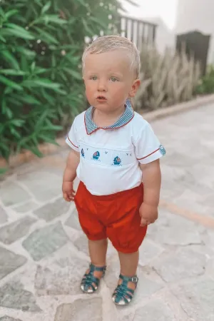 "Remington" Red & Navy Smocked Sailboat Shirt & Shorts