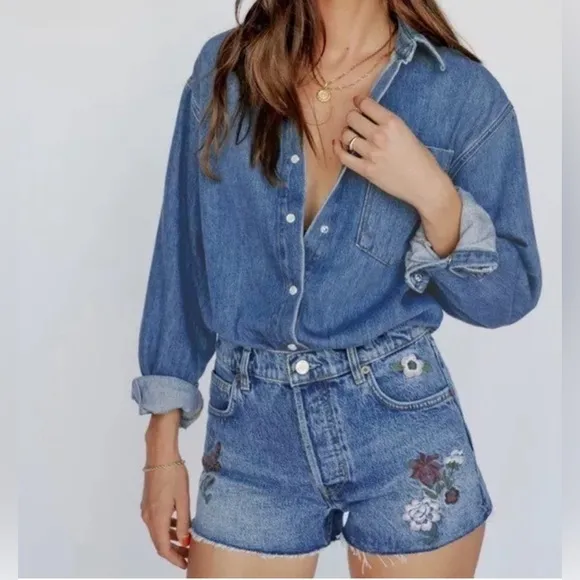 Reformation Jeans Charlie High Rise Jean Short in Fauna Embroidery 26