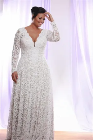 Removable Long Sleeves V Neck Floor Length A Line Lace Plus Size Wedding Dress-715402