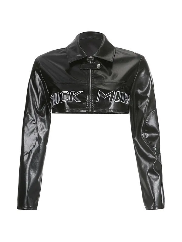 Retro PU leather black crop jacket with logo embroidery