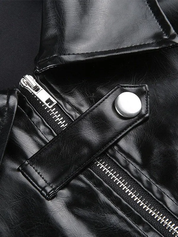Retro PU leather black crop jacket with logo embroidery