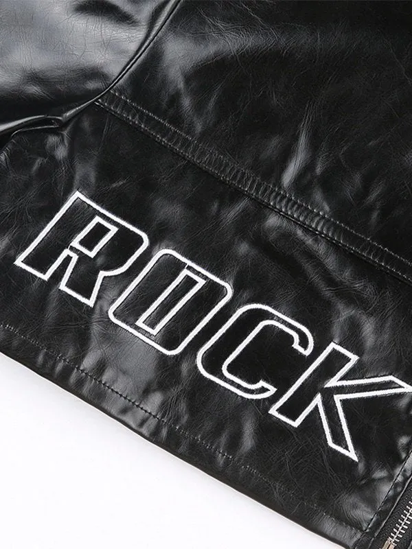 Retro PU leather black crop jacket with logo embroidery