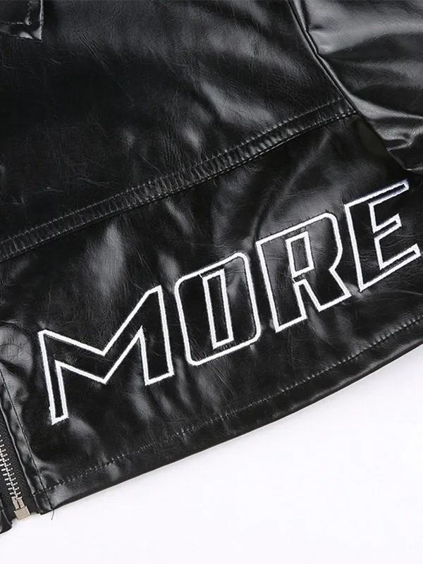 Retro PU leather black crop jacket with logo embroidery