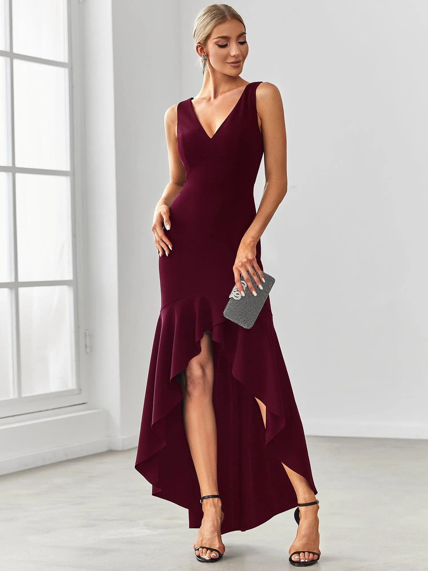 Robe Charmant sirène Haut-Bas glamour à double col en V(Vente finale)