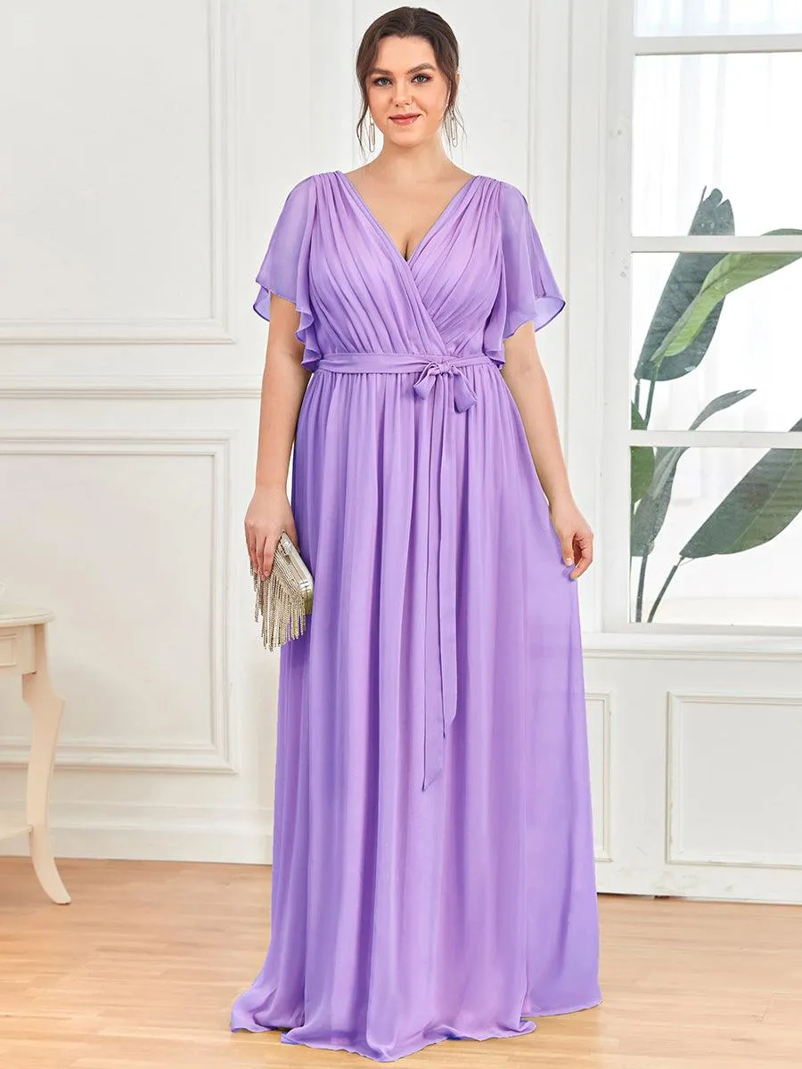 Robe de demoiselle d'honneur en mousseline de soie longue de grande taille à encolure en V Maxi