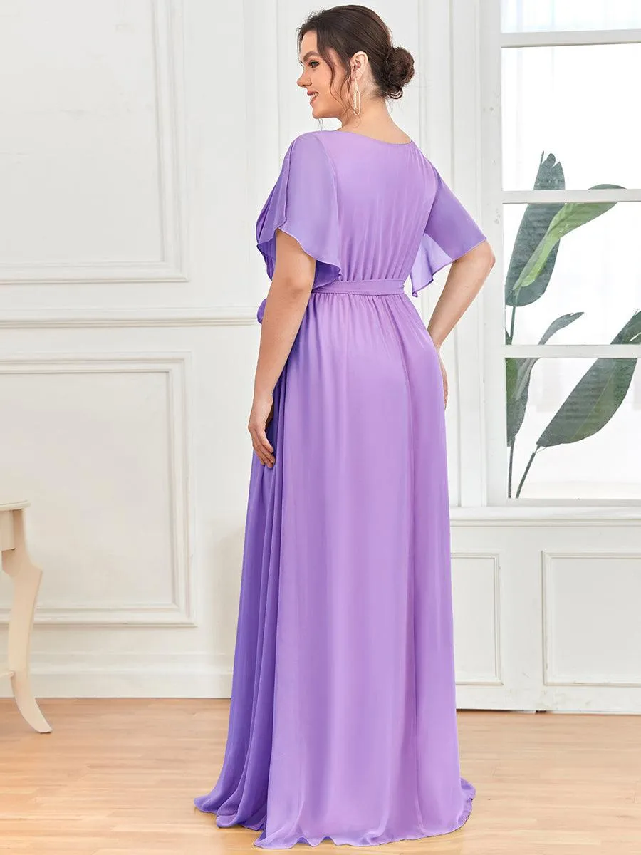 Robe de demoiselle d'honneur en mousseline de soie longue de grande taille à encolure en V Maxi